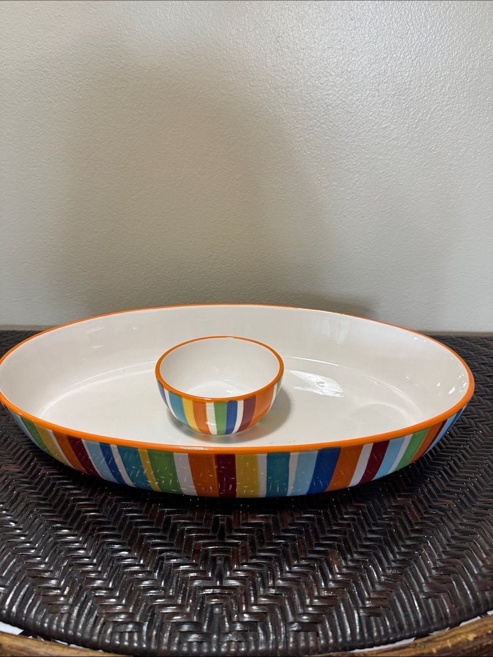 Crate & Barrel Raya Carnival 2 Pc Fiesta ceramic chip & Dip set. 16”X 10”